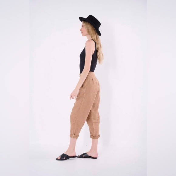 Marrakech Brown Tan Cedar Nicola Solid Pleated Pant LINEN Blend  Size 30 Large - Picture 2 of 13